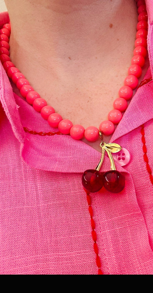 Ketting kralen Pink met Cherry bedel | Stainless Steel - wonder & melon - wonder & melon