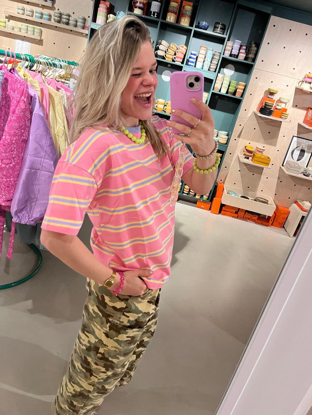 Roze shirt met geel/blauw streepje - wonder & melon - wonder & melon