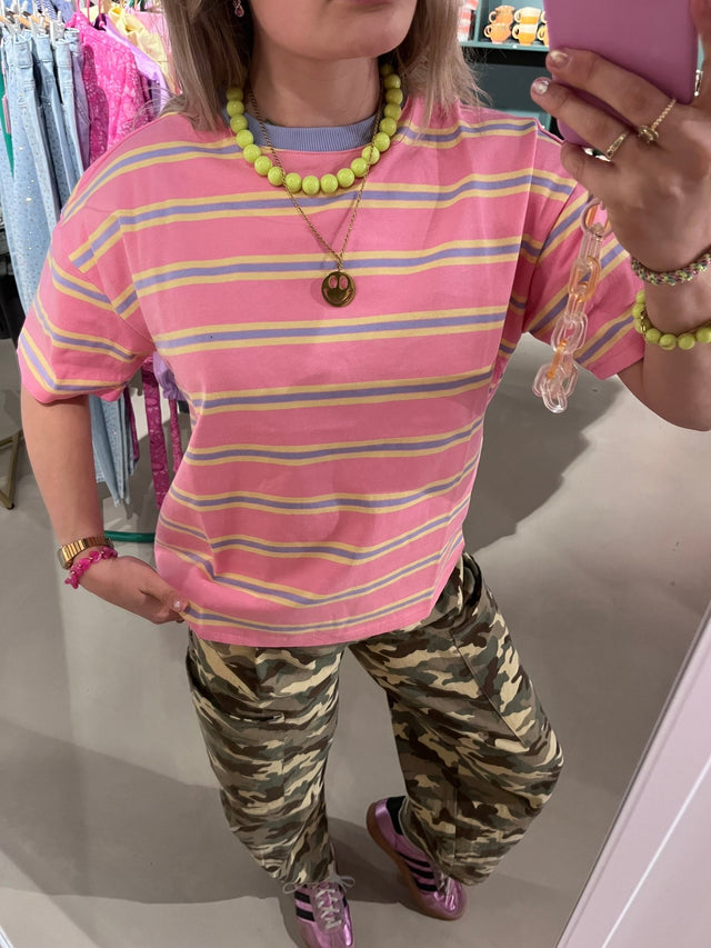 Roze shirt met geel/blauw streepje - wonder & melon - wonder & melon