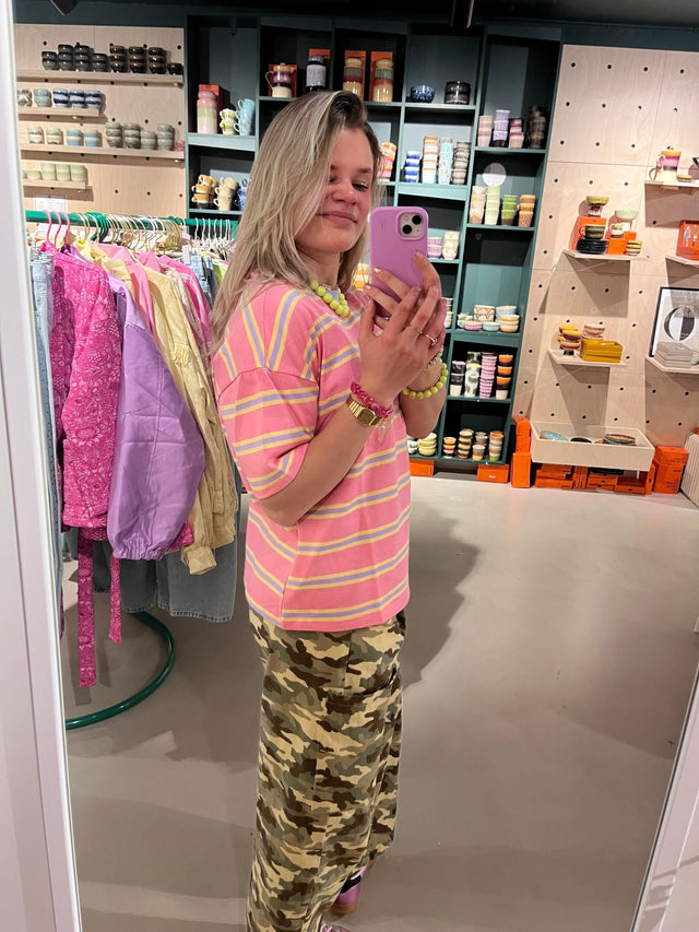 Roze shirt met geel/blauw streepje - wonder & melon - wonder & melon