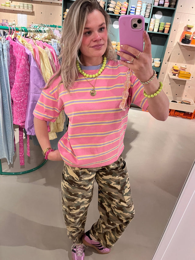 Roze shirt met geel/blauw streepje - wonder & melon - wonder & melon