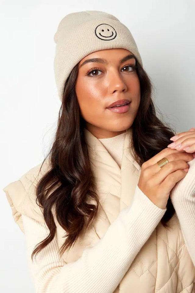 Beanie met smiley | Beige | Fuchsia | Lila - wonder & melon - wonder & melon