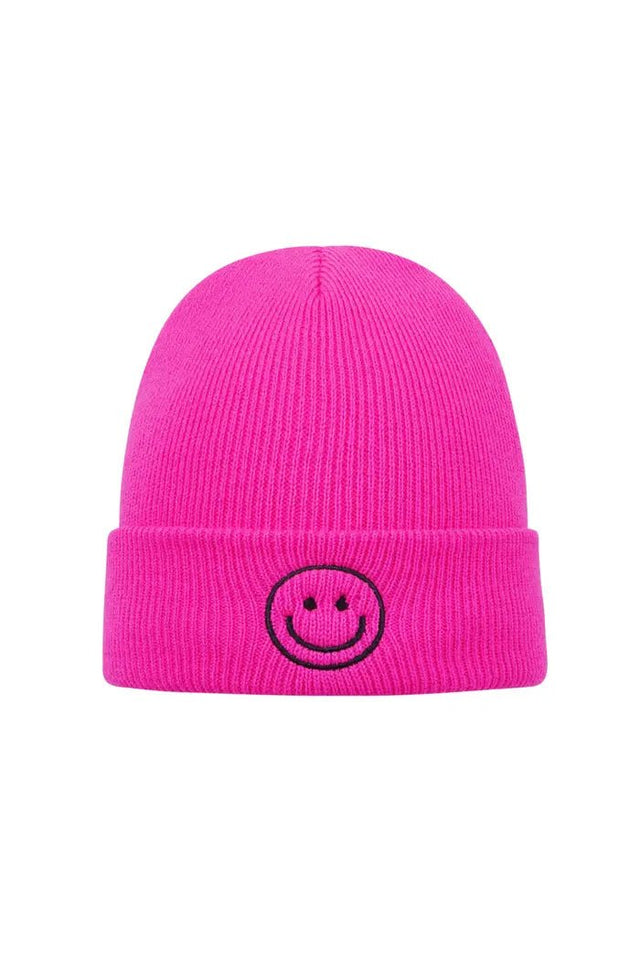 Beanie met smiley | Beige | Fuchsia | Lila - wonder & melon - wonder & melon