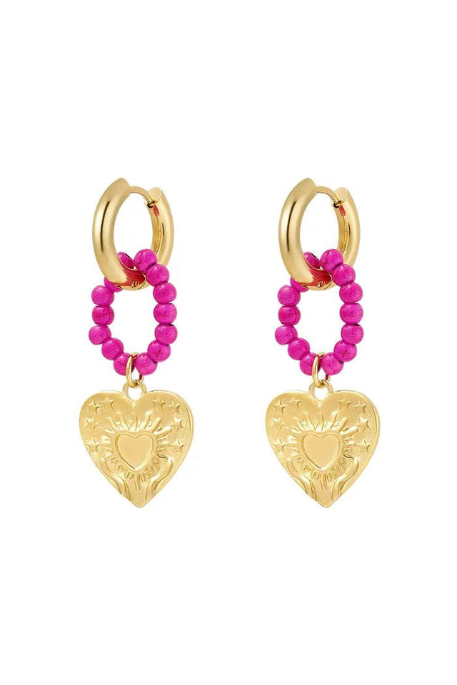 Oorbel Hart Bedel met Kralen Fuchsia | Goud - wonder & melon - wonder & melon